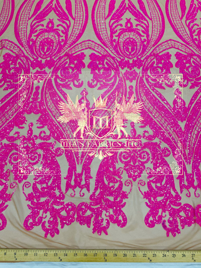 Mia's Fabrics Inc Iridescent Sequin Fabric, Embroidered With Sequins On 4 Way Stretch Mesh, Damask Design Sequin Lace Fabric (Pick a Size)