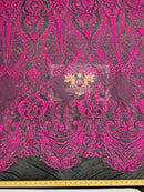 Neon Hot Pink Sequin on Black Mesh Embroidered With Sequins Fabric 4 Way Stretch Damask Design Sequin Fabric Mesh-Prom-Gown By The Yard