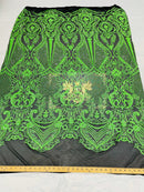 Neon Green Sequin on Black Mesh Embroidered With Sequins Fabric 4 Way Stretch Damask Design Sequin Fabric Mesh-Prom-Gown By The Yard