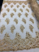 Champagne Lace Fabric - Flower/Floral Clusters Embroidered With sequins on a Mesh Lace Fabric Sold By The Yard(Pick a Size)