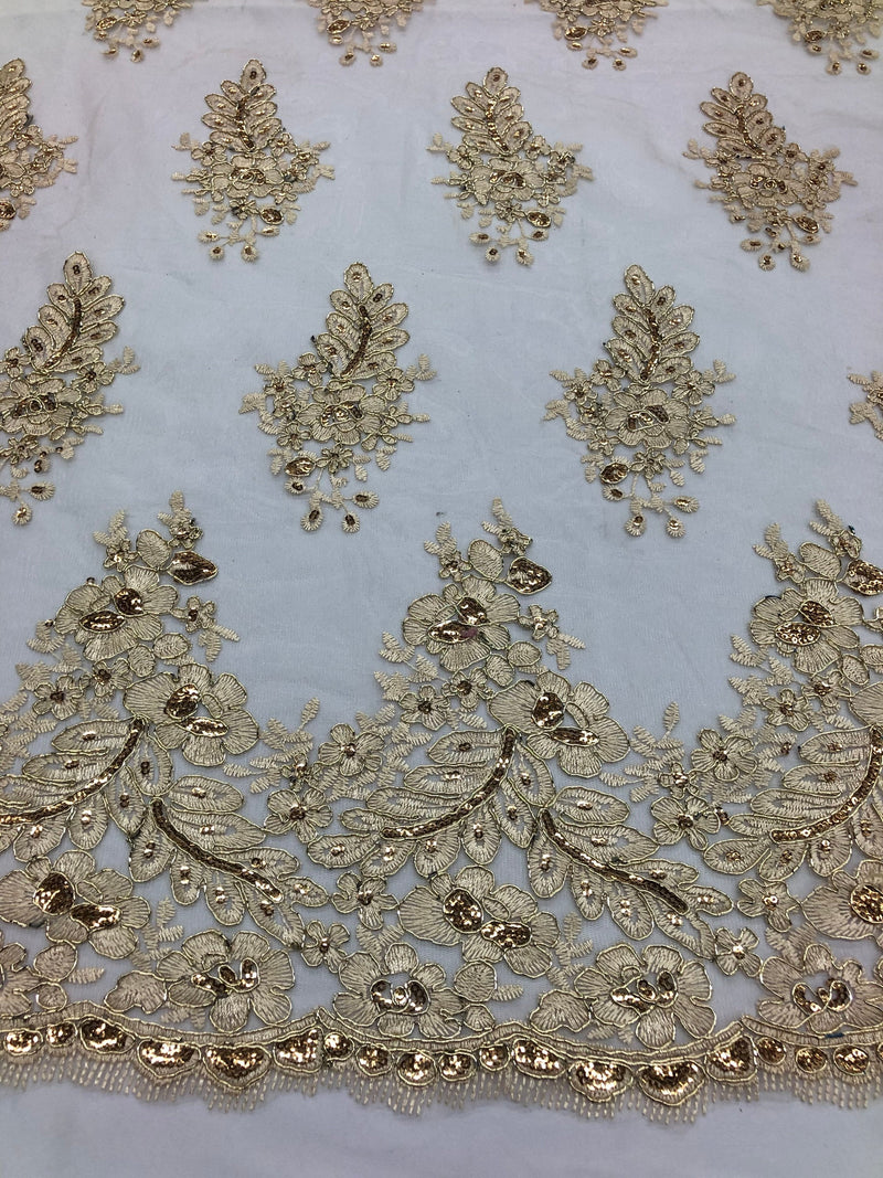 Champagne Lace Fabric - Flower/Floral Clusters Embroidered With sequins on a Mesh Lace Fabric Sold By The Yard(Pick a Size)