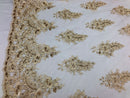 Champagne Lace Fabric - Flower/Floral Clusters Embroidered With sequins on a Mesh Lace Fabric Sold By The Yard(Pick a Size)