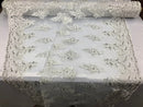 White/Silver Lace Fabric - Flower/Floral Clusters Embroidered With sequins on a Mesh Lace Fabric Sold By The Yard(Pick a Size)