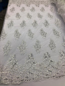 White/Silver Lace Fabric - Flower/Floral Clusters Embroidered With sequins on a Mesh Lace Fabric Sold By The Yard(Pick a Size)