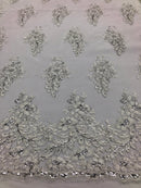 White/Silver Lace Fabric - Flower/Floral Clusters Embroidered With sequins on a Mesh Lace Fabric Sold By The Yard(Pick a Size)