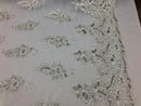 White/Silver Lace Fabric - Flower/Floral Clusters Embroidered With sequins on a Mesh Lace Fabric Sold By The Yard(Pick a Size)