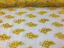Yellow/Gold Lace Fabric - Flower/Floral Clusters Embroidered With sequins on a Mesh Lace Fabric Sold By The Yard(Pick a Size)