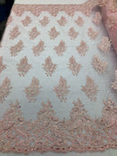 Pink Iridescent Lace Fabric - Flower/Floral Clusters Embroidered With sequins on a Mesh Lace Fabric Sold By The Yard(Pick a Size)