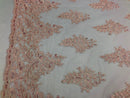 Pink Iridescent Lace Fabric - Flower/Floral Clusters Embroidered With sequins on a Mesh Lace Fabric Sold By The Yard(Pick a Size)