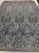 Gray Sequins on Mesh, Geometric Design on Mesh 4way Stretch Sequin-Prom-Gown By The Yard