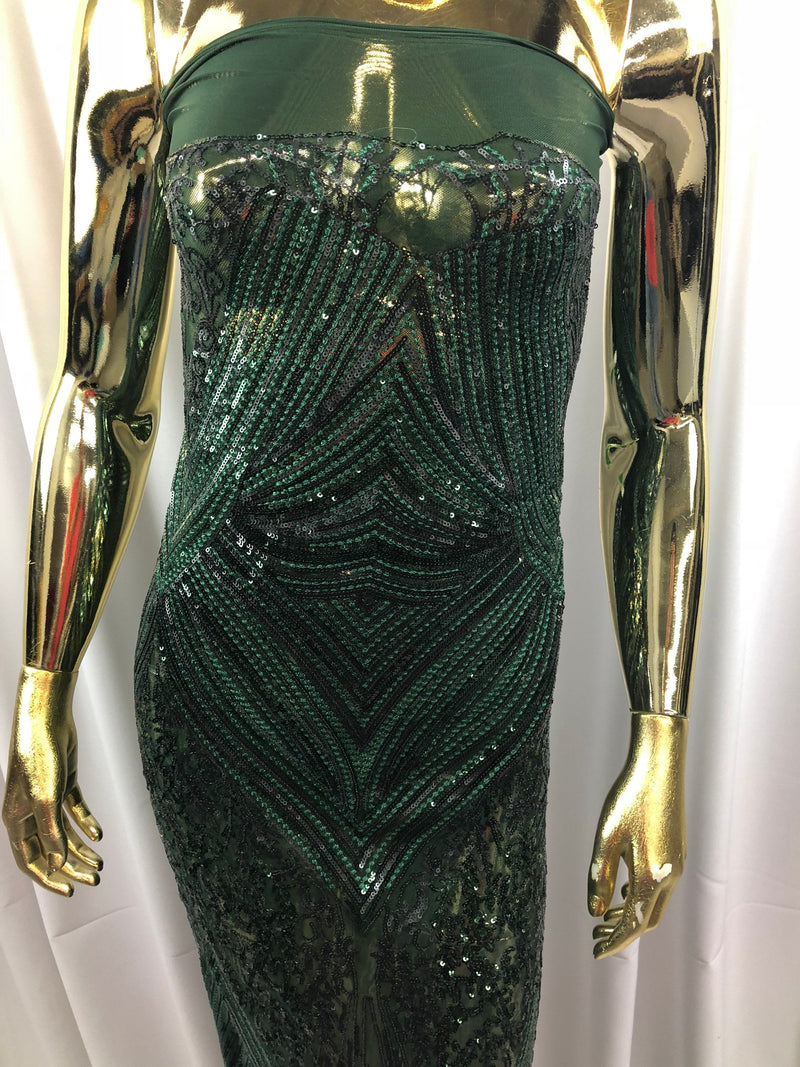 Hunter Green Sequins on Mesh, Geometric Design on Mesh 4way Stretch Sequin-Prom-Gown By The Yard
