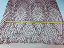 Dusty Rose Sequins on a Mesh, Geometric Design Embroidered on a Mesh 4way Stretch Sequin-Prom-Gown By The Yard