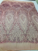 Dusty Rose Sequins on a Mesh, Geometric Design Embroidered on a Mesh 4way Stretch Sequin-Prom-Gown By The Yard