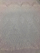 White Sequins on a Mesh, Geometric Design Embroidered on a Mesh 4way Stretch Sequin-Prom-Gown By The Yard