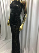 Black Sequins on a Mesh, Geometric Design Embroidered on a Mesh 4way Stretch Sequin-Prom-Gown By The Yard