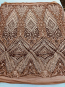 Coffee Sequins on a Mesh, Geometric Design Embroidered on a Mesh 4way Stretch Sequin-Prom-Gown By The Yard