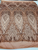 Coffee Sequins on a Mesh, Geometric Design Embroidered on a Mesh 4way Stretch Sequin-Prom-Gown By The Yard