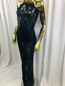 Navy Sequins on a Mesh, Geometric Design Embroidered on a Mesh 4way Stretch Sequin-Prom-Gown By The Yard