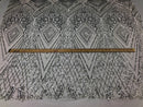 Silver Sequins on White Mesh, Geometric Design Embroidered on a Mesh 4way Stretch Sequin-Prom-Gown By The Yard