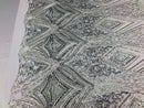 Silver Sequins on White Mesh, Geometric Design Embroidered on a Mesh 4way Stretch Sequin-Prom-Gown By The Yard
