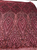 Burgundy Sequins on Mesh, Geometric Design Embroidered on a Mesh 4way Stretch Sequin-Prom-Gown By The Yard