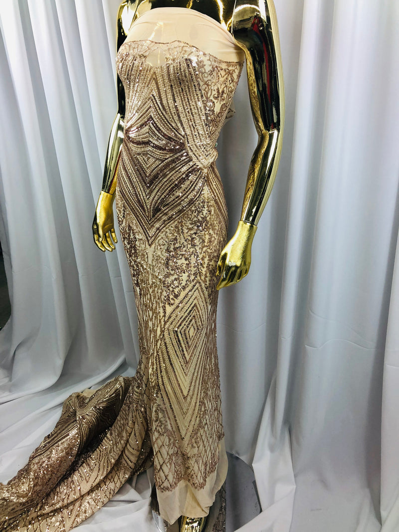 Lt Gold Sequins on Mesh, Geometric Design Embroidered on a Mesh 4way Stretch Sequin-Prom-Gown By The Yard