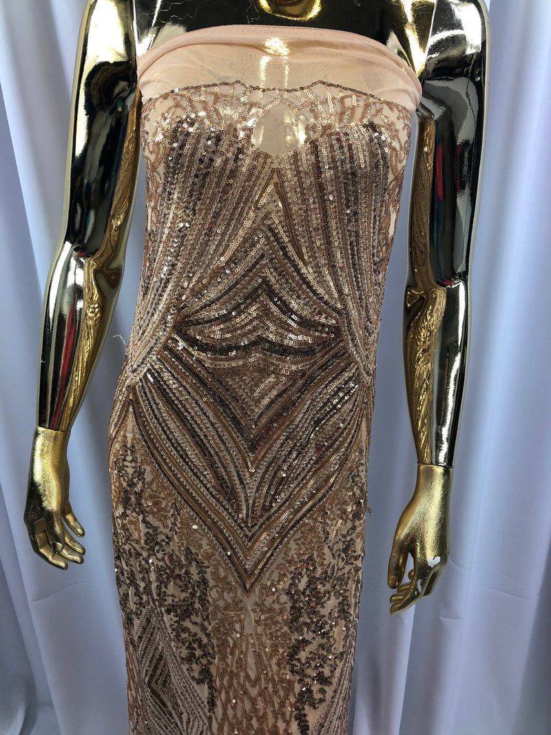 Champagne Sequins on Mesh, Geometric Design Embroidered on a Mesh 4way Stretch Sequin-Prom-Gown By The Yard