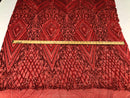 Red Sequins on Mesh, Geometric Design Embroidered on a Mesh 4way Stretch Sequin-Prom-Gown By The Yard