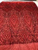Red Sequins on Mesh, Geometric Design Embroidered on a Mesh 4way Stretch Sequin-Prom-Gown By The Yard