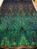Iridescent Green Sequins on Black Mesh, Geometric Design Embroidered on a Mesh 4way Stretch Sequin-Prom-Gown By The Yard