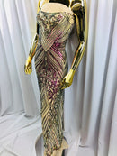 Iridescent Purple Sequins on Nude Mesh, Geometric Design Embroidered on a Mesh 4way Stretch Sequin-Prom-Gown By The Yard