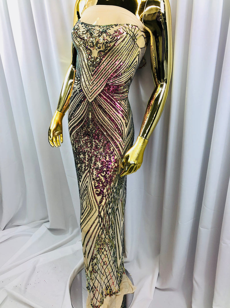 Iridescent Purple Sequins on Nude Mesh, Geometric Design Embroidered on a Mesh 4way Stretch Sequin-Prom-Gown By The Yard