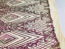 Iridescent Purple Sequins on Nude Mesh, Geometric Design Embroidered on a Mesh 4way Stretch Sequin-Prom-Gown By The Yard