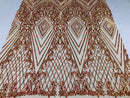 Iridescent Orange Sequins on Nude Mesh, Geometric Design Embroidered on a Mesh 4way Stretch Sequin-Prom-Gown By The Yard