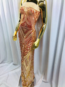 Iridescent Orange Sequins on Nude Mesh, Geometric Design Embroidered on a Mesh 4way Stretch Sequin-Prom-Gown By The Yard