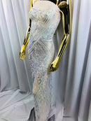 Iridescent Clear Sequins on White Mesh, Geometric Design Embroidered on a Mesh 4way Stretch Sequin-Prom-Gown By The Yard