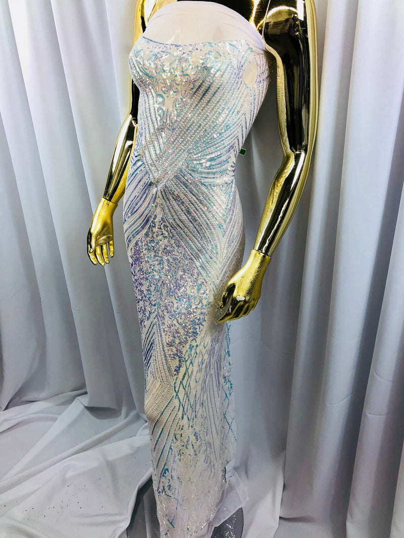 Iridescent Clear Sequins on White Mesh, Geometric Design Embroidered on a Mesh 4way Stretch Sequin-Prom-Gown By The Yard