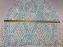 Iridescent Clear Sequins on White Mesh, Geometric Design Embroidered on a Mesh 4way Stretch Sequin-Prom-Gown By The Yard