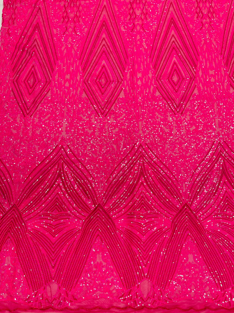 Iridescent Hot Pink Sequins on Mesh, Geometric Design Embroidered on a Mesh 4way Stretch Sequin-Prom-Gown By The Yard