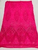 Iridescent Hot Pink Sequins on Mesh, Geometric Design Embroidered on a Mesh 4way Stretch Sequin-Prom-Gown By The Yard