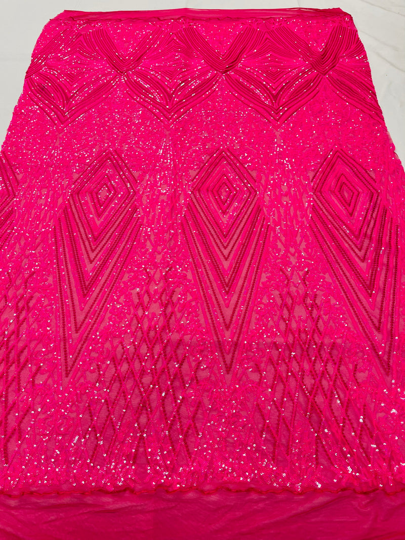 Iridescent Hot Pink Sequins on Mesh, Geometric Design Embroidered on a Mesh 4way Stretch Sequin-Prom-Gown By The Yard