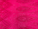 Iridescent Hot Pink Sequins on Mesh, Geometric Design Embroidered on a Mesh 4way Stretch Sequin-Prom-Gown By The Yard