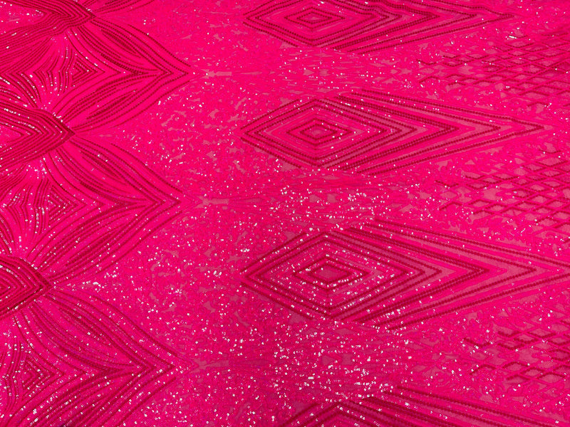 Iridescent Hot Pink Sequins on Mesh, Geometric Design Embroidered on a Mesh 4way Stretch Sequin-Prom-Gown By The Yard