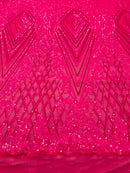 Iridescent Hot Pink Sequins on Mesh, Geometric Design Embroidered on a Mesh 4way Stretch Sequin-Prom-Gown By The Yard