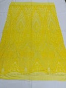 Yellow Sequins on Mesh, Geometric Design Embroidered on a Mesh 4way Stretch Sequin-Prom-Gown By The Yard