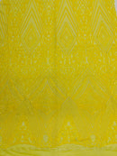 Yellow Sequins on Mesh, Geometric Design Embroidered on a Mesh 4way Stretch Sequin-Prom-Gown By The Yard