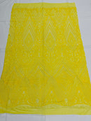 Yellow Sequins on Mesh, Geometric Design Embroidered on a Mesh 4way Stretch Sequin-Prom-Gown By The Yard