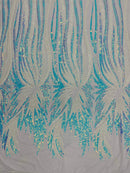 Angel Wings Sequins Fabric - Iridescent Aqua White - 4 Way Stretch Feather Wings Sequins Design By Yard