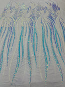 Angel Wings Sequins Fabric - Iridescent Aqua White - 4 Way Stretch Feather Wings Sequins Design By Yard