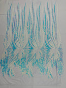 Angel Wings Sequins Fabric - Iridescent Aqua White - 4 Way Stretch Feather Wings Sequins Design By Yard